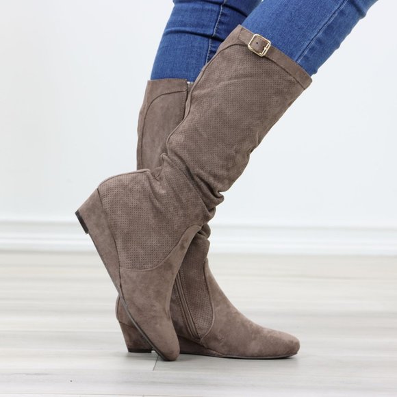 Taupe Faux Suede Round Toe Low Kitten Wedge Heel Mid Calf Boots - Picture 3 of 13